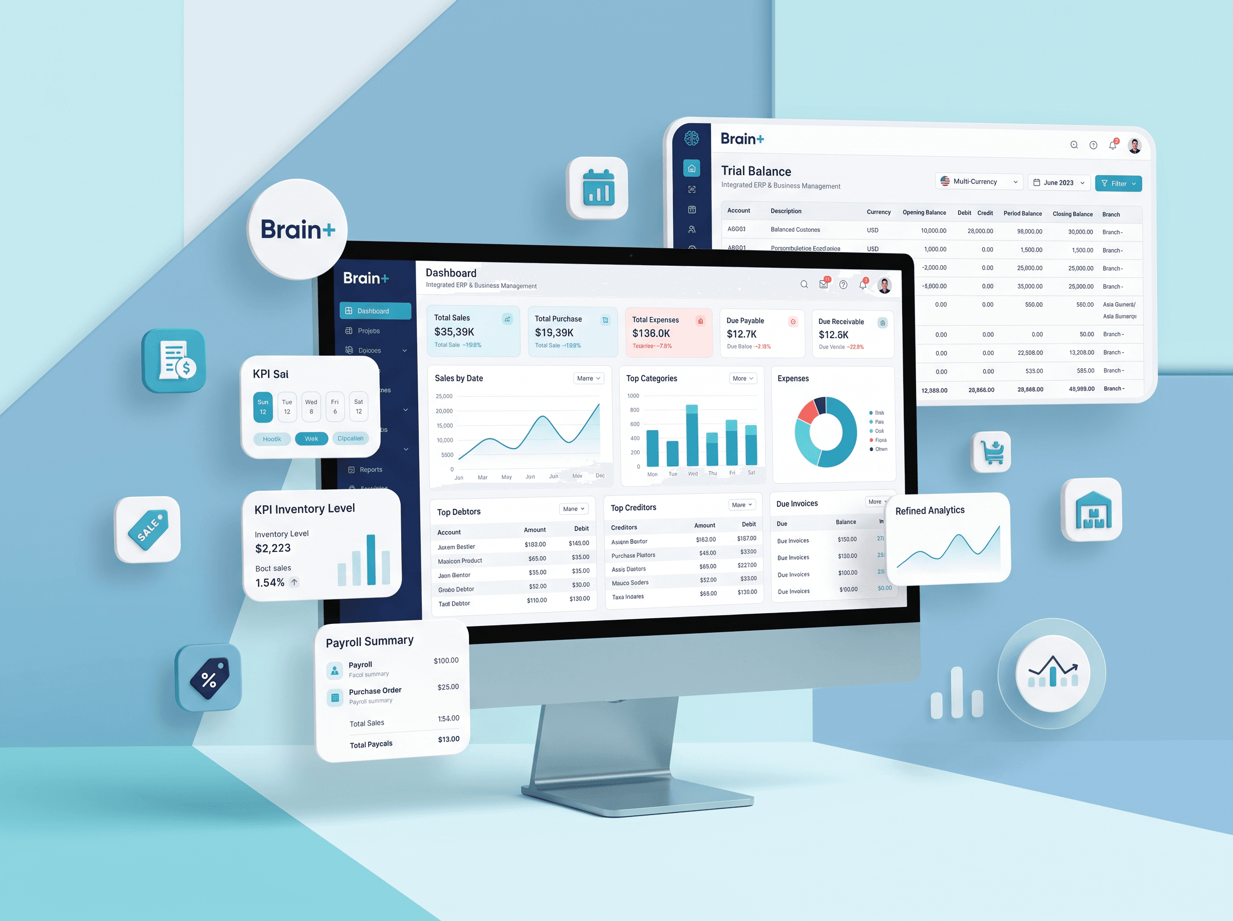 Brain+ ERP on a desktop monitor: a dashboard of sales, purchase and expense totals beside a trial balance