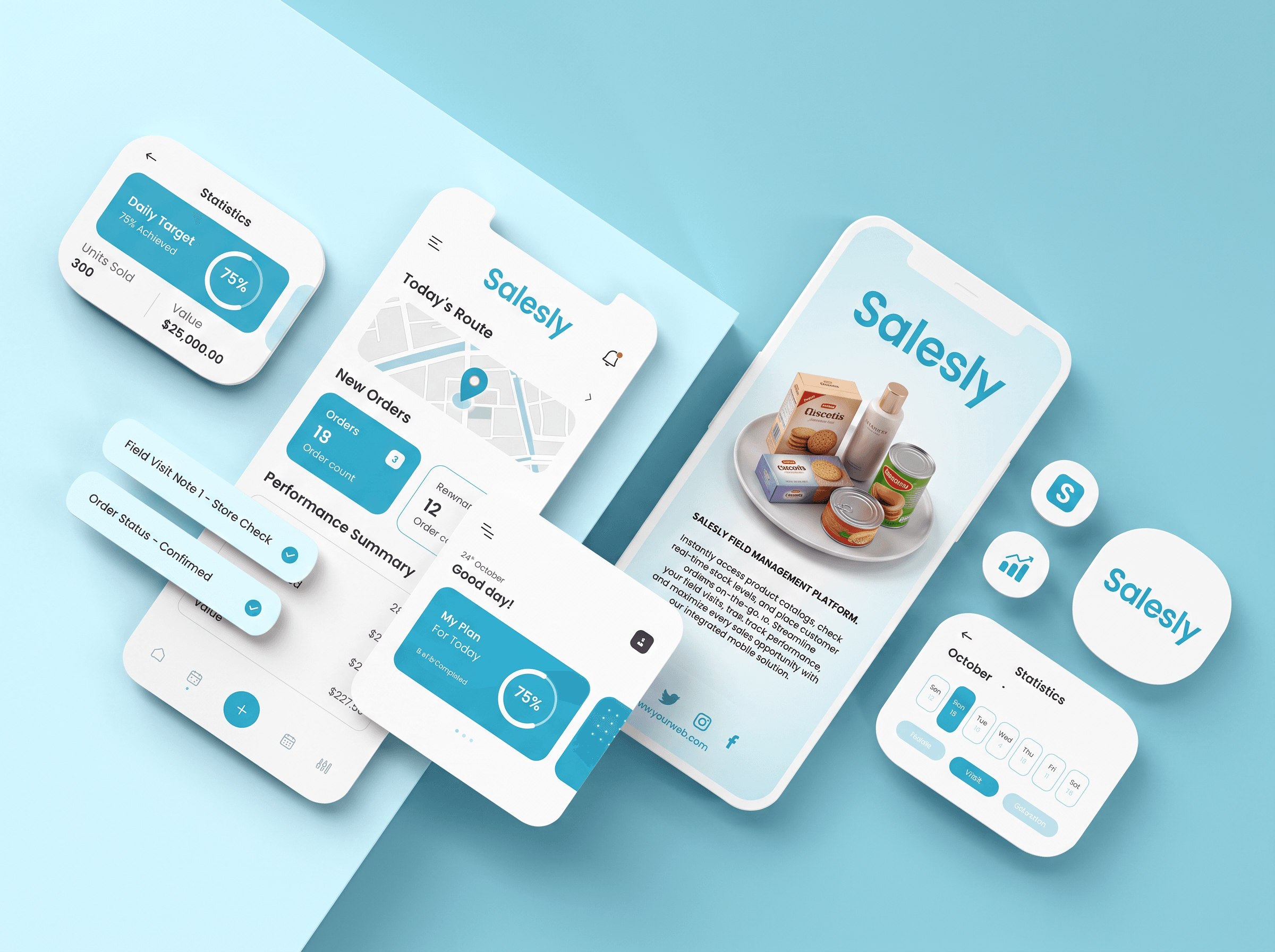 Salesly on a phone: today's route on a map, order counts, a daily sales target and field-visit notes