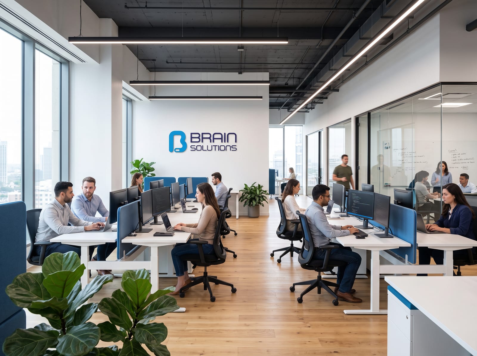 The Brain Solutions office: two rows of desks under the wall-mounted logo, with a glass meeting room alongside