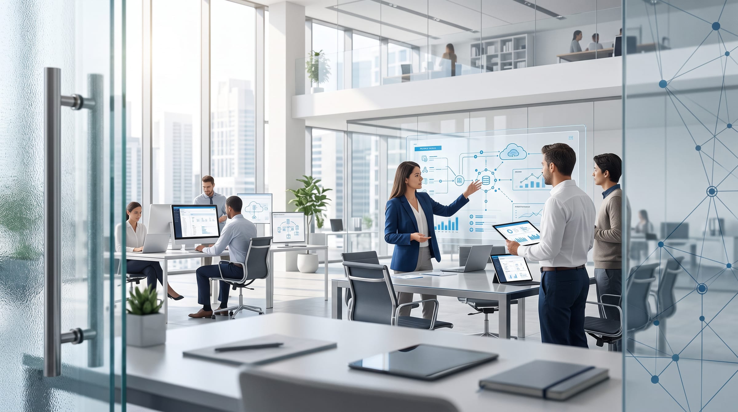 A consultant presenting a system architecture diagram on a wall screen to two colleagues, in an open office where others work at desks